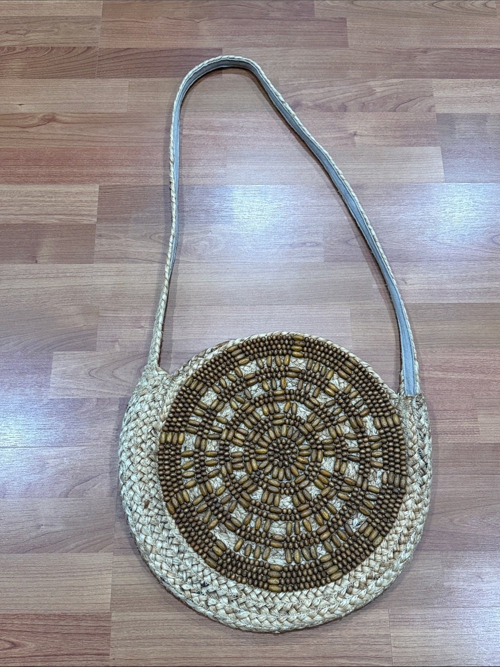 Woven Beaded Round Straw Beach Shoulder Bag